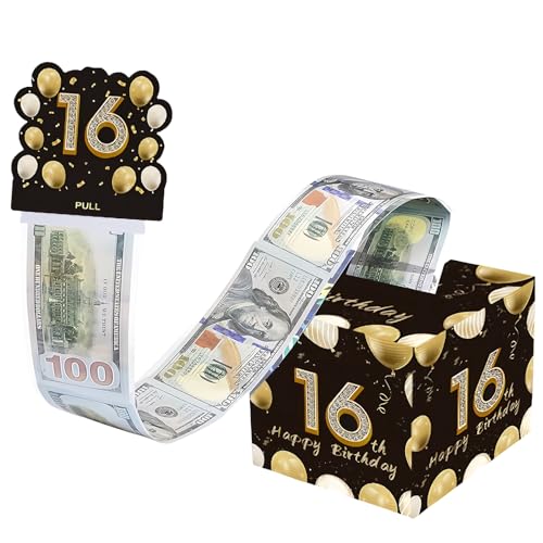 16th Birthday Money Box in Black Gold Pull Surprise Design - Cash Gift Presentation