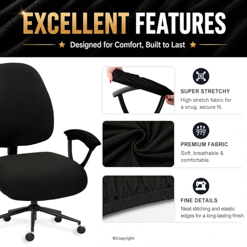 Image of Water-resistant Stretchable Desk Office Chair Seat Covers with Armrest Covers Universal Spandex Computer Chair Slipcover - Rotating Backrest Coverings & Cushion Protectors for Pets, Black