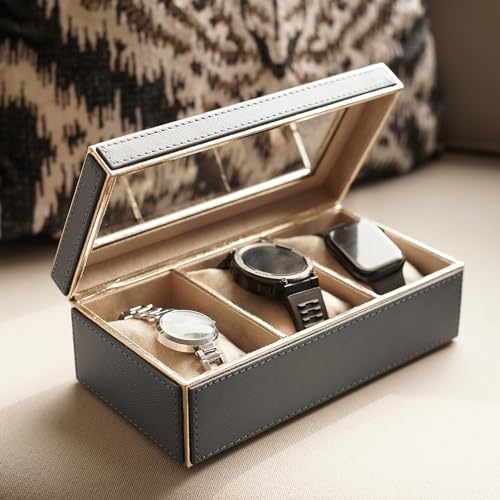 PURE HOME + LIVING Grey 3 Compartment Faux Leather Watch Box, Holder with Glass Lid, Removable Velvet Cushion, 3 Slots, Watch Display, Grey (B0CPFM86VQ) Amazon Price History, Amazon Price Tracker