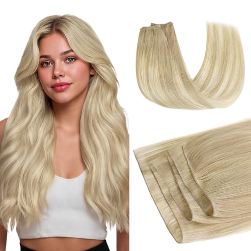 Image of GOO GOO Genius Weft Hair Extensions Human Hair, Sew In Hair Extensions Rooted Remy Weft, 18ET90A Natural Blonde Balayage 22inch 120g, Hand Tied