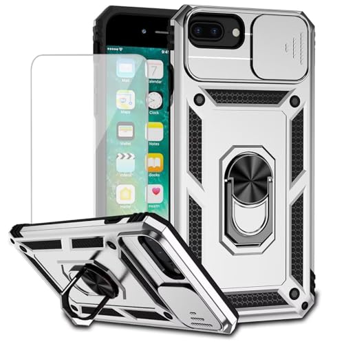 Yodueiv for iPhone 8 Plus/iPhone 7 Plus/iPhone 6 Plus/6S Plus Case with Tempered Glass Screen Protector and Slide Camera Cover, Magnetic Ring Car Mount Holder Protective Cover for iPhone 7 Plus Silver