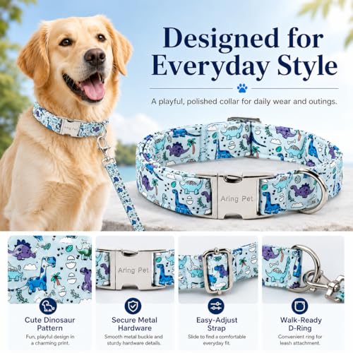 Image of ARING PET Dinosaur Dog Collar, Cute Spring Summer Blue Boy Heavy Duty Doggy Collars with Metal Buckle for Puppy Small Medium Large Dogs-M