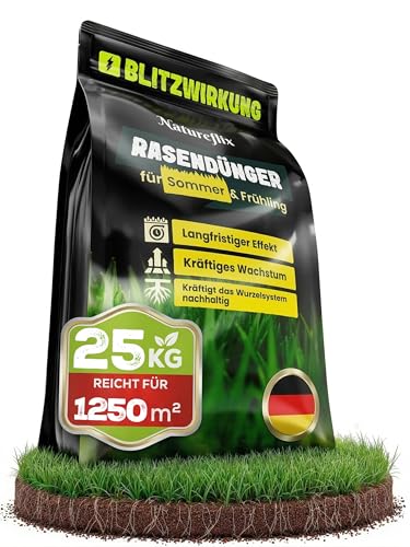 Natureflix Rasendünger 25kg für 1250m | Langzeitdünger für dichten & sattgrünen Rasen | Premium Rasen Dünger für Frühjahr & Sommer Anwendung | Tierfreundlicher NPK Dünger