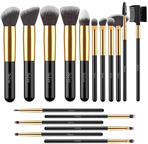 Makeup Brushes, SOLVE 17pcs Professional Kabuki Cosmetics Brush Set Foundation Powder Eye Brushes Kit Golden Black with Box
