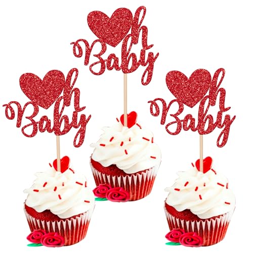 24 Pack Valentine's day Oh baby Cupcake Toppers with Glitter Sweet Love Baby Cupcake Food Picks Valentine's Day Theme Baby Shower Kids Birthday Party Cake Decorations Supplies Red