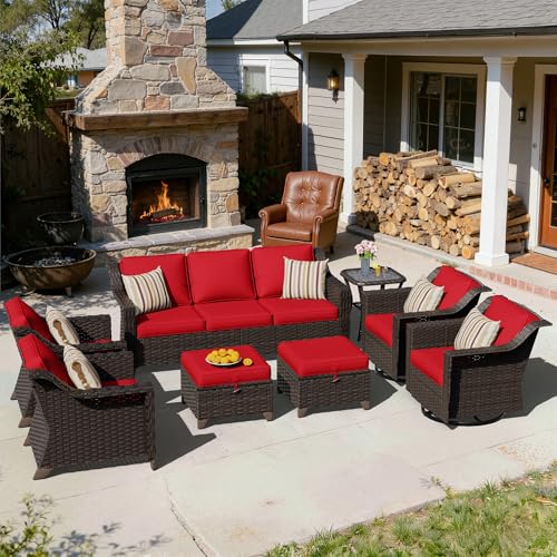 Image of 8 Piece Patio Furniture Set, Wicker Outdoor Conversation Set | Patio Chair Set with Olefin Removable Cushion, All-Weather Outdoor Couch with Deep Seat for Porch, Deck and Backyard, Red