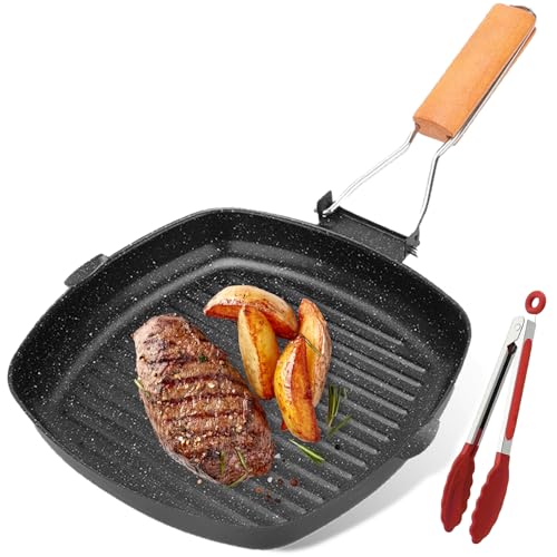 VEGOATY Poêle à griller 28 x 28 cm avec manche en bois pliable, poêle antiadhésive, à steak,...