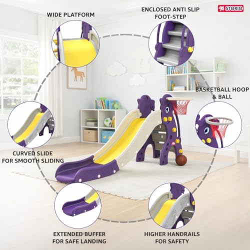 Image of Storio Big Slide for Kids with Basketball Hoop | Large Indoor Outdoor Toddler Climber Playset for 2+ Years | Safe & Sturdy Plastic Garden Slide Toy for Boys & Girls - Purple