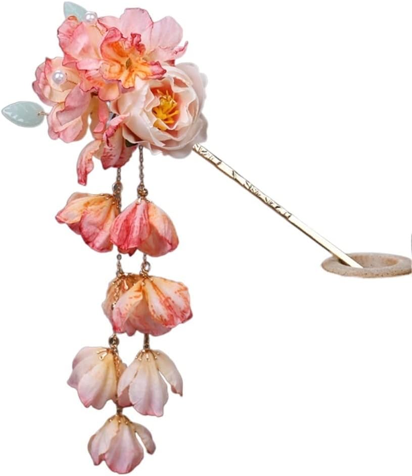 SMEJS ビッグフラワーヘアスティックゴールドカラーメタルヘアピンクリップ女性ガールズヘアスタイリングジュエリー中国風ペンダントヘ