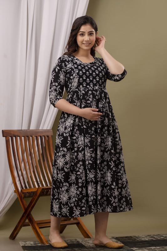 Image of JAIPURFAME Stylish Women's Pure Cotton All Over Printed Kurti Gown, Maternity Dress, and Feeding Dress - Comfortable and Elegant Maternity Wear for Women
