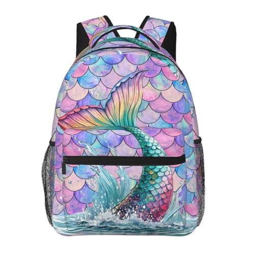 UEQIKI Mochila de viagem leve cauda de sereia com bolso frontal com zíper impresso bolsa para laptop moda casual mochila para trabalho, caminhada, acampamento unissex