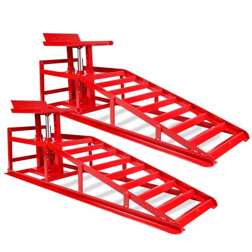 2PCS 5 Ton Hydraulic Car Ramps, Heavy Duty 3-Position Adjustable Vehicle Lift Ramps 9.3'-14' Height, Anti-Slip Steel Ramps for Oil Changes & Garage Repairs, Red