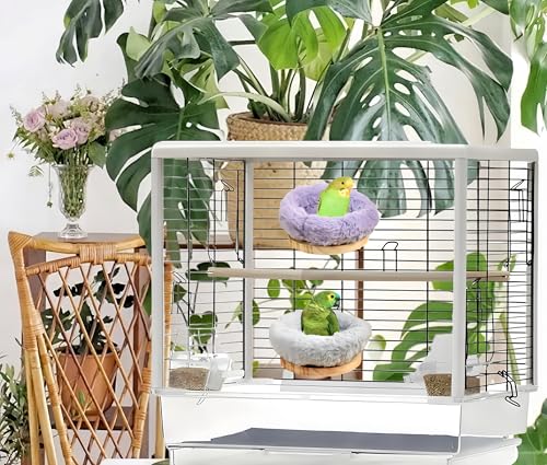 Image of 2Pcs Bird Perch Stand Platform Plush Parrot Hanging Hammock Warm Bird Nest Snuggle Hut Birds Sleeping Bed Wood Perch for Parrot, Budgies, Parakeet, Cockatiels, Conure, Lovebirds-Purple&Grey