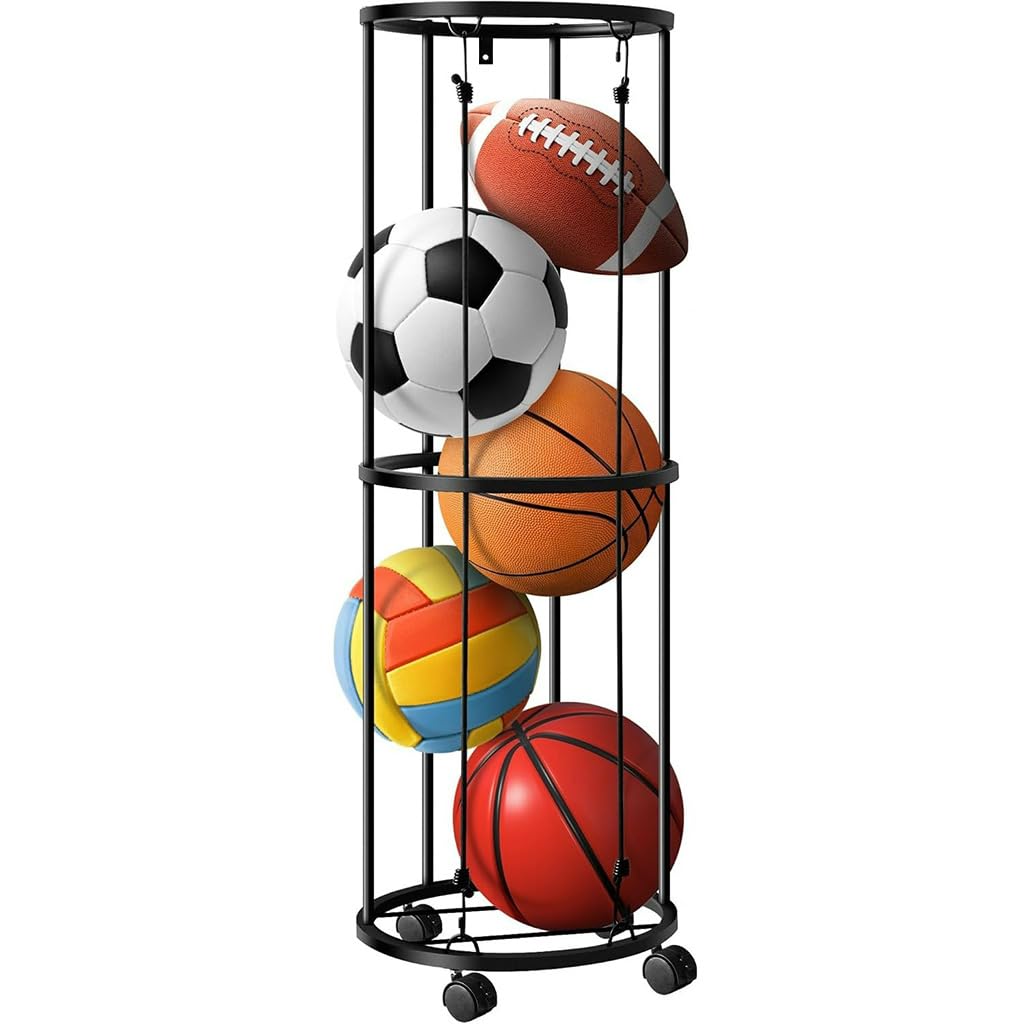 PROBEROS® Ball Storage Organizer Rack, Mobile Metal Elastic Wire Ball Storage Rack with Caster Wheels, Multi Purpose Floor, Wall Mounted Ball Storage Basket Sports Equipment Organizer, 13x38.4 inch
