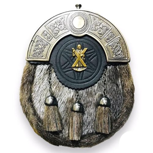 Handmade Scottish Antique ST. Andrew Fur Sporran with Antique Cantle and Leather Straps and Chain Set Full Dress Sporran
