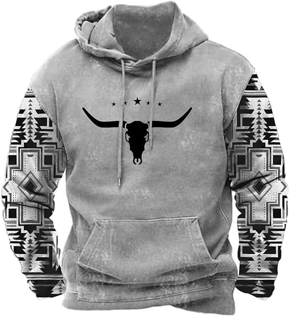 HOTYD Mens Cowboy Sweatshirt Vintage Tribal Aztec Printed Plus Size Western Jackets for Men Long Sleeve Pullover Hoodie