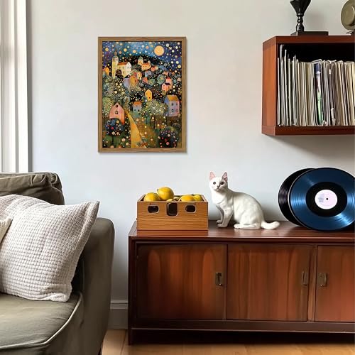 Image of Abstract Moon Stars Tree Framed Canvas Wall Art - Vintage Gustav Klimt Style Oil Painting Print, Village Night Landscape Decor for Living Room Bedroom Nursery Office 16x24 inch