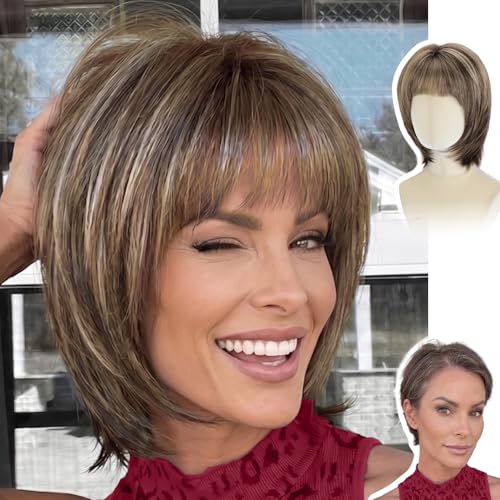 WIGYY Sandy Brown Blonde Layered Bob Wig for White Women – Short Synthetic Wig with Natural Layers, Glueless Lightweight Protein Fiber Hair, Heat-Resistant Daily Wear Wig
