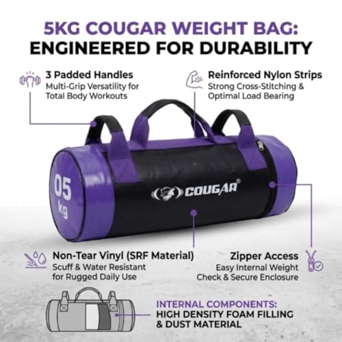 Image of COUGAR 5kg Strength Bag for Core Workout - Heavy Duty Vinyl Weighted Power Bag with Reinforced Nylon Handles - High Density Filled Fitness Sandbag for Crossfit, Squats & Strength Training