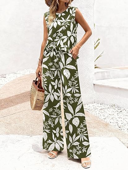 Lounge Sets For Women Summer Sweatsuits 2 Piece Tracksuit Sleeveless Tops Wide Leg Pants Floral Vacation Outfits - Image 2
