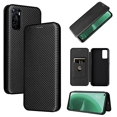 Pelanty OPPO A55S 5G ケース 手帳型 炭素繊維調 OPPO A55S 5G 携帯カバー oppo a55s 5g 背面ケース 軽量 薄型 財布型 カード収納 オッポA55S 5G スマホケース マグネット ストラップ付き 耐衝撃 全面保護-ブラック