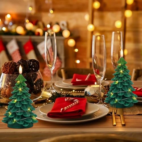Image of Wondise Christmas Tree Flameless Candles with String Lights 11-Key Remote and Timer, Real Wax Battery Operated 3D Wick LED Flickering Candles for Christmas Holiday Indoor Dinner Decor(3 inch x 7.1 inch)