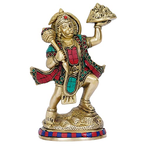 Image of eCraftIndia Golden and Colorful Stone Work Handcrafted Brass Lord Hanuman Statue Carrying Sanjeevani Mountain - Religious God Idol for Home, Office, Temple - Gift for Hanuman Jayanti Festival