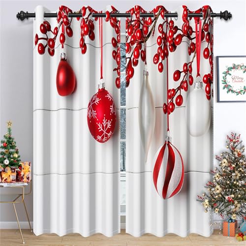 Ttincceer Cortina navideña para Sala de Estar Bolas de Adorno navideño Rojo Invierno Cortinas Opacas de Madera Gris para Dormitorio Cortinas de Ventana con Aislamiento térmico 117x138cm