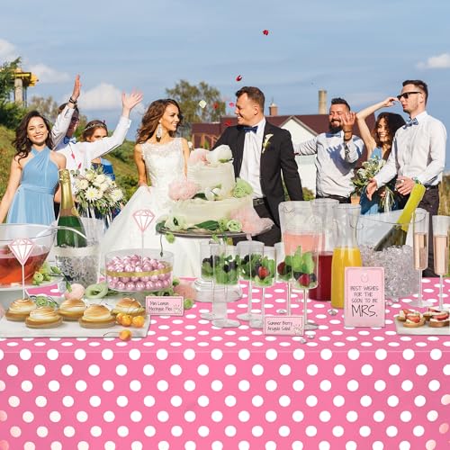 Image of WNINK 4 Pack Pink and White Polka Dot Tablecloths - Pink Disposable Plastic Waterproof Table Cover, 54 inch x 108 inch, for Birthday, Wedding, Bridal Shower, Bachelor, Pink Girl Party, and Picnic