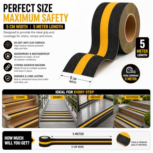Image of YORWE Anti Slip Stair Tape with Glow in the Dark Strip - Heavy Duty Waterproof Non Slip Traction Tape for Stairs, Steps, Outdoor & Indoor Safety (Black and Yellow, 5 Meter)