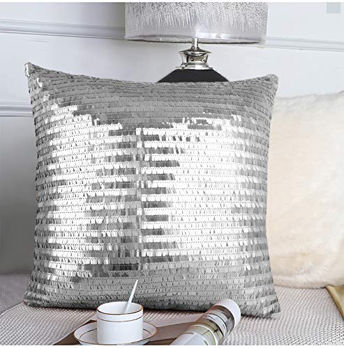 Merrycolor Sequin Throw Pillow Cover For Couch Sofa Sparkle Mermaid Decorative Cushion Cover Silver Glitter Accent Pillow Home Decor 16X16 Inches Silver #TOP1