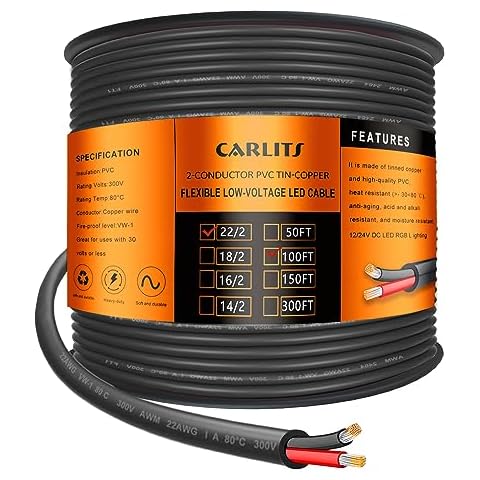 CARLITS 22 Gauge 2 Conductor Electrical Wire, 100FT Black Stranded Low Voltage 22/2 Cable PVC Case, Flexible Extension Power Cord for LED Lamp, Automotive, Boat, Electronic Cover