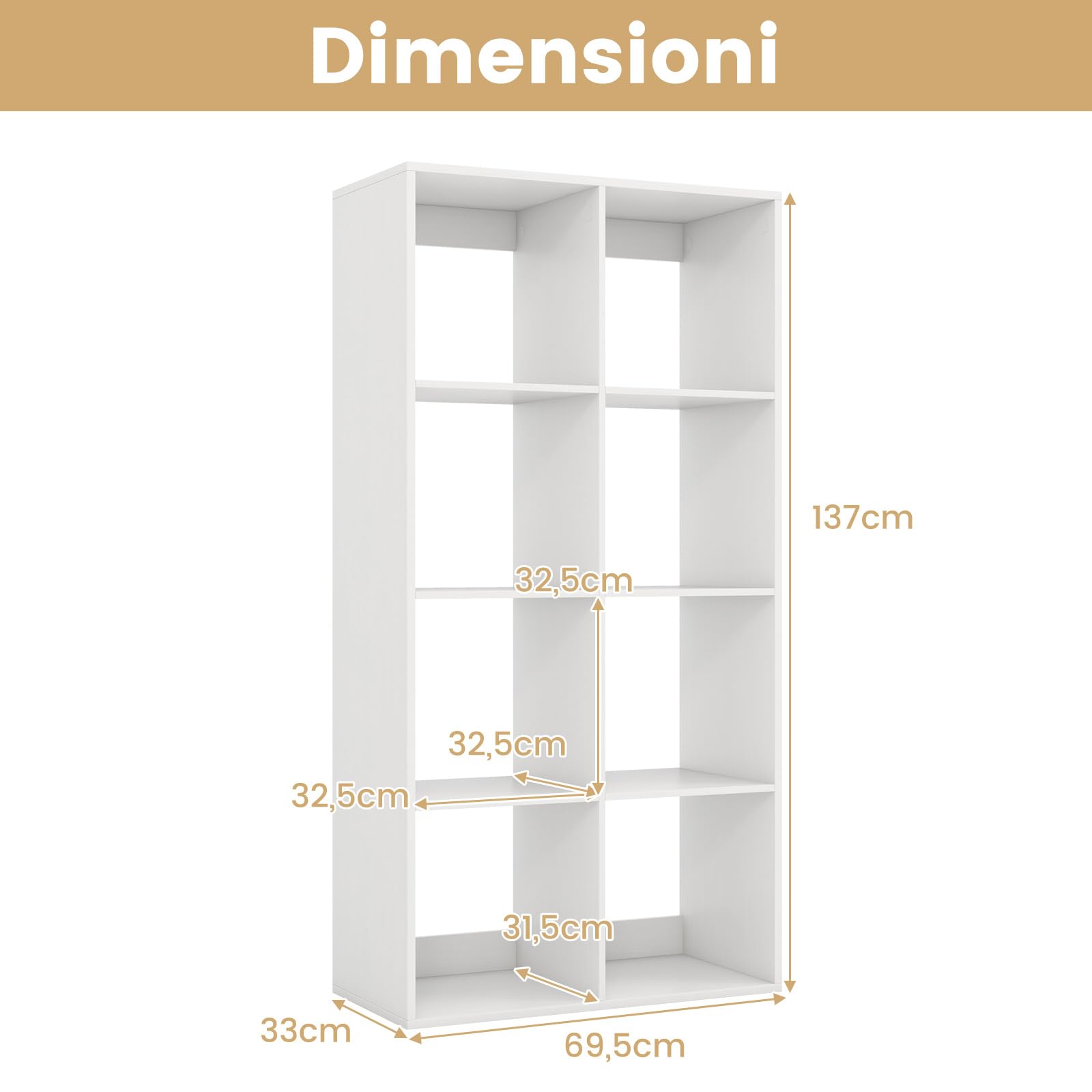 COSTWAY Libreria a 8 Cubi con Sbarra di Protezione e Kit Anti-Ribaltamento | Organizer a 4 Livelli Autonomo con Ripiani per Soggiorno, Camera da Letto, Studio, 69,5 x 33 x 137 cm