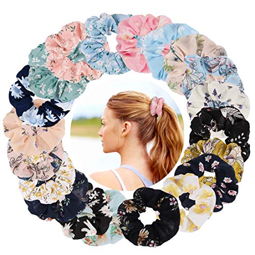 SuPoo 20 Pcs Hair Scrunchies Chiffon Flower Scrunchies Elastic Hair Ties Ropes Floral Scrunchies Hair Bands Hair Bow Scrunchies for Hair Ponytail Holder Hair Scrunchie Pack for Women and Young Ladies