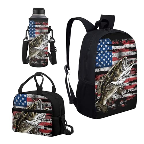 Kids School Bag Bass Fish American Flag Print 3 Pack Backpack for Boys with Lunch Box Cooler Water Bottle Sleeve Cover Back to School Supplies