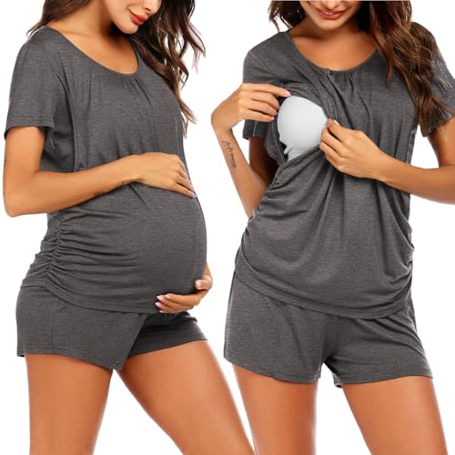 Image of Ekouaer Women's Maternity Nursing Pajamas Set Breastfeeding Sleepwear Double Layer Short Sleeve Top & Shorts Pregnancy PJS