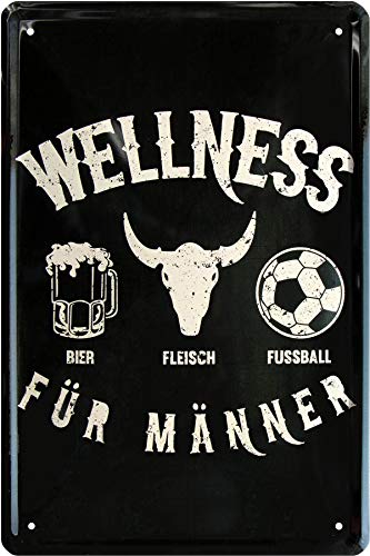 WOGEKA ART Retro Blechschild - Wellness für Männer - Bier Fleisch Fußball - witziger Spruch als...