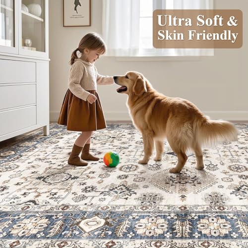 Tapete decorativo 9x12 ft azul y beige lavable miniatura 5