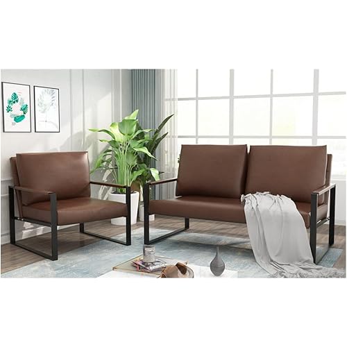 AWQM Mid-Century Accent Set, Upholstered Modern Solid Faux Leather Armchair and Loveseat Sofa, 105 Degree Slant Back, Living Room Chair with Thick Padded Seat and Backrest-Brown