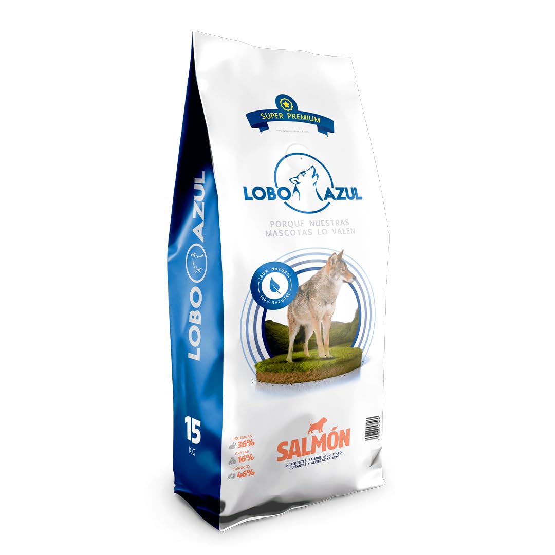 Pienso Salmón para Perros Adultos - Comida Natural con Salmón, Libre de transgénicos, Sin Gluten. - Alimento Hipoalergénico y Digestible - Lobo Azul Supreme 15kg