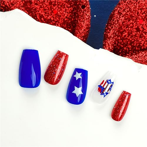 Uñas postizas azules y rojas con diseño de ataúd corto a presión para mujeres y niñas, decoración de uñas, manicura, 24 unidades