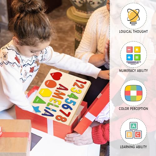 Image of Personalized Name Puzzle for Toddlers 1-3 Wooden Alphabet Shape Number, Montesorri Toys for 1 Year Old 2 3 4 5, Customized Baby Gifts 1st Birthday for Girls & Boys Preschool Educational
