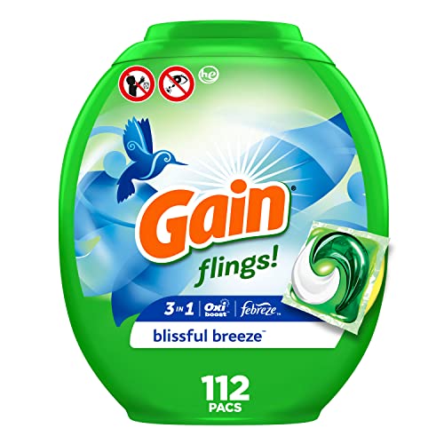 Gain flings! Laundry Detergent Soap Pacs, HE Compatible, Long Lasting Scent, Blissful Breeze, 112 count