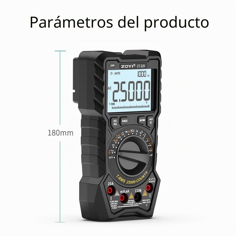 ZOYI ZT‑225 - Multímetro digital profesional, función de voltaje de fusión CA+CC, 25,000 unidades, 20 A, rango automático/manual, probador de voltaje verdadero RMS, NCV, temperatura, onda cuadrada