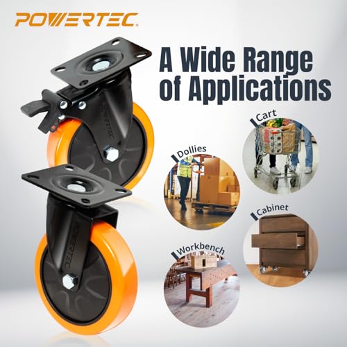 Image of POWERTEC 6 Inch Swivel Caster Wheels Set of 4 with Dual Locking Brake - 1390 lbs Loads Heavy Duty Industrial Grade - Ideal for Heavy Equipment, Automotive Workshop, Cart, Dolly and Workbench (17216)