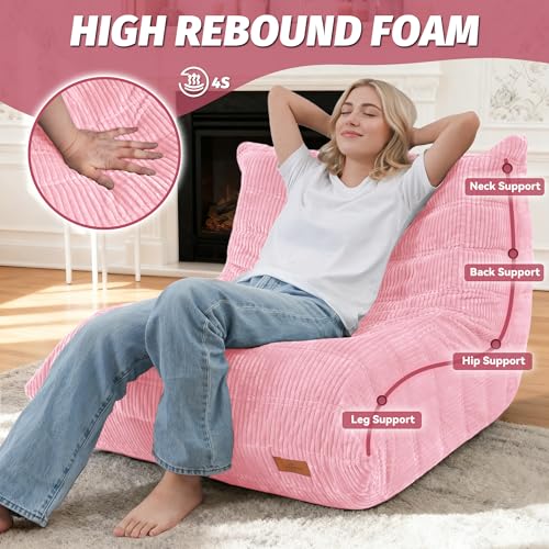 Image of Bean Bag Chair,Giant Beanbag Chairs for Adults,Comfy Large Fireside Chair Lazy Sofa,Corduroy Bean Bag Lounger with Memory Foam Filled,Floor Sofa Couch for Home,Dorm,Living Room (Pink)
