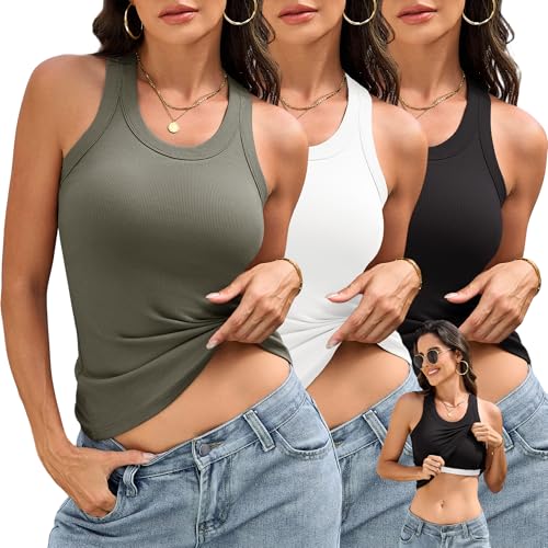 BVNSOZ 3 Piece Womens Tank Tops with Built in Bras Ribbed Sleeveless Casual Shirt Racerback Fitted Basic Workout Tank Tops, Olive Green, White, Black, M