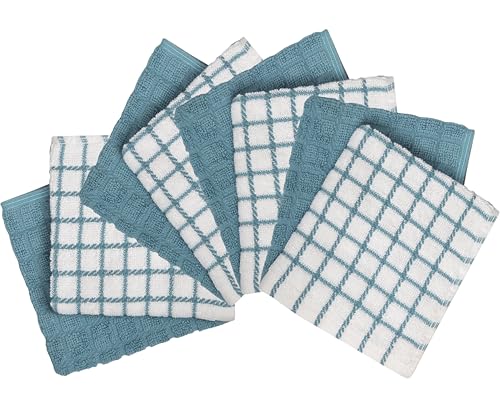 Bumble Premium Cotton Dish Cloths (12" x 12") Aqua Check Design | Highly Absorbent | Natural Ring Spun Cotton | Kitchen Dish Towel Set | 380 GSM - 8 Pack