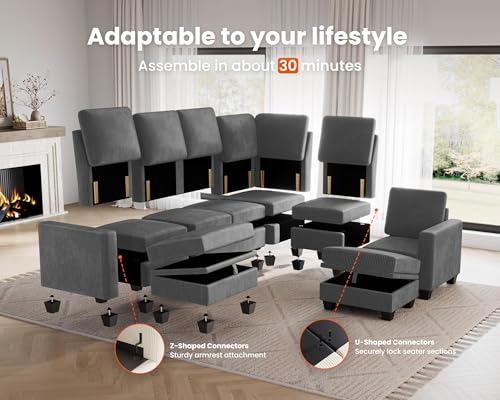 Image of CHIC HOUSE Middle Module for Modular Couch, Corduroy Customizable Chaise, Storage Ottoman for Sectional Sofa, Armrest, Single /Double Seater