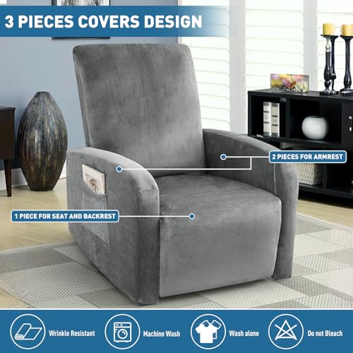 Image of ZNSAYOTX 2026 Velvet Small Recliner Cover 3-Piece, Luxury Plush Recliner Chair Covers with Elastic Band & Ties Stay in Place, Stretch Reclining Slipcover for Lazy Boy Soft Washable (Grey)